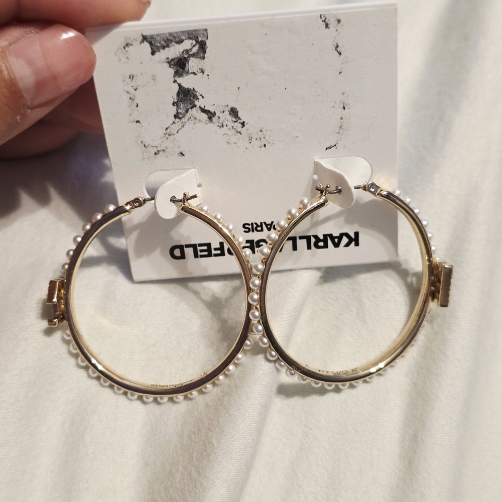Karl Lagerfield Paris Faux Pearl Hoop Gold Earrings With Karl Crystal Logo - Picture 7 of 9
